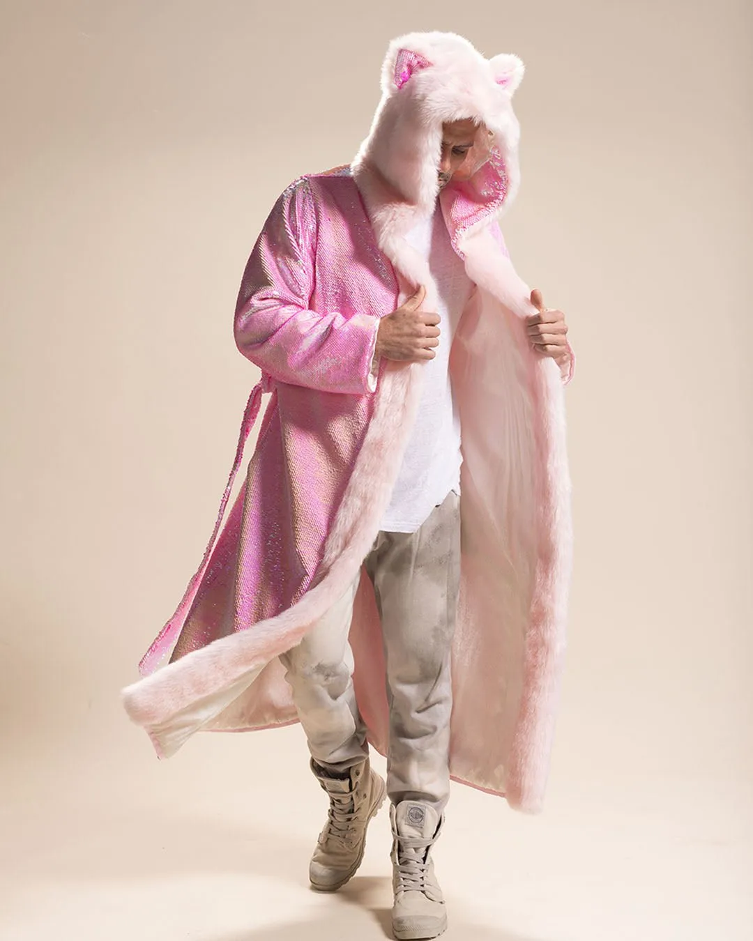 Classic Men's Long Sequin Coat | Pink Disco Cat