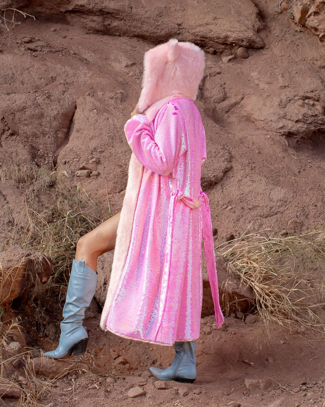 Classic Women's Long Sequin Coat | Pink Disco Cat