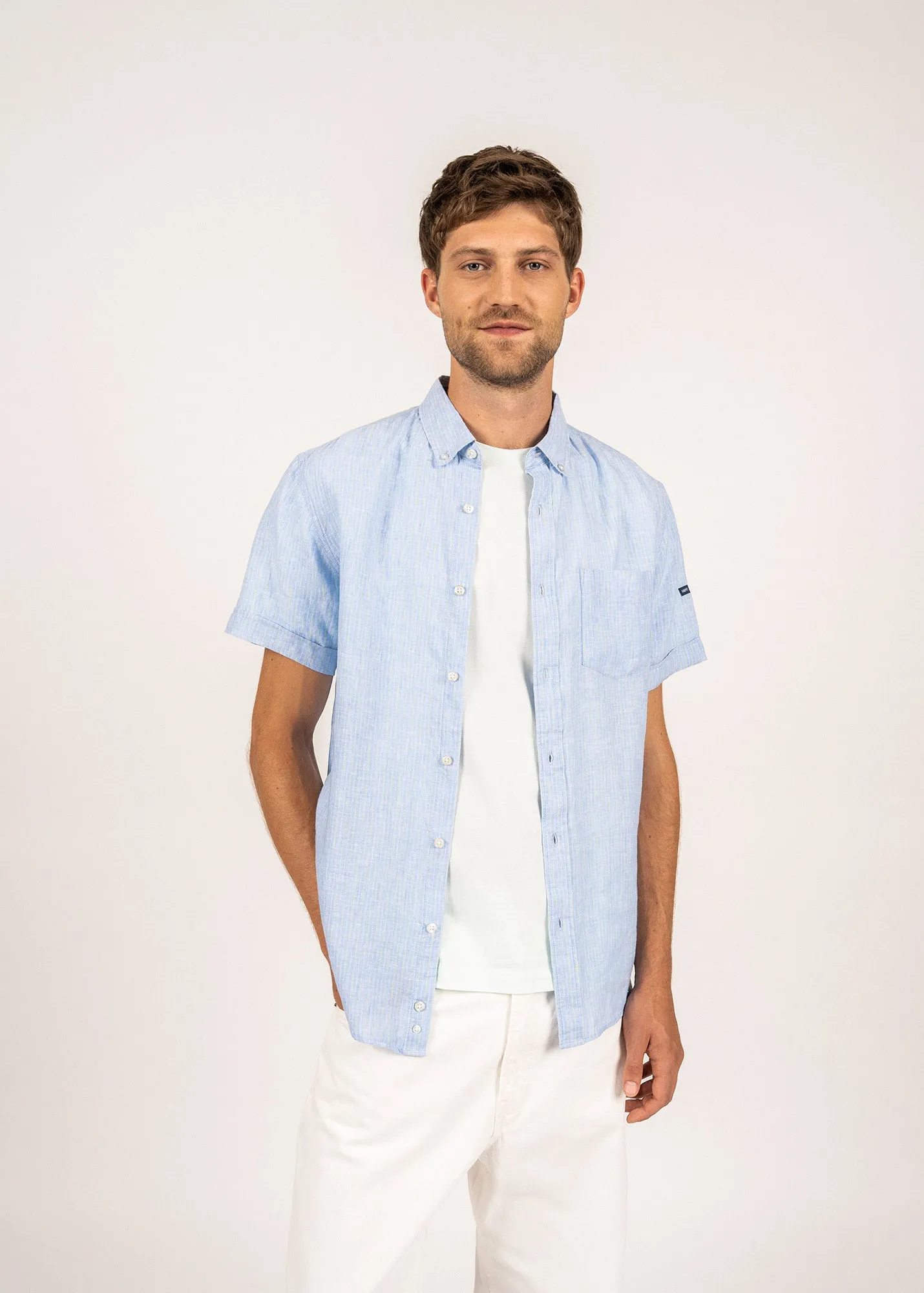 Clément short sleeve shirt - in linen poplin (CIEL/SUN)