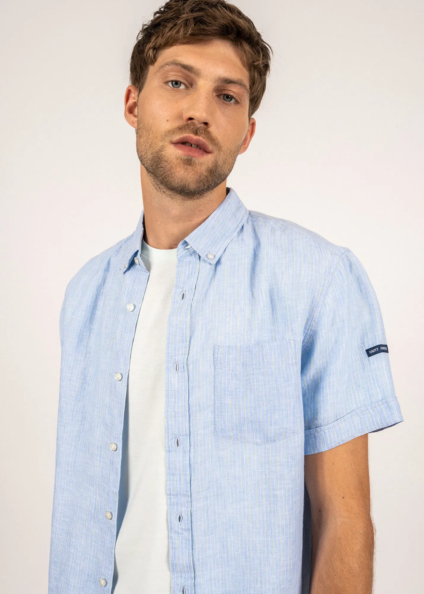 Clément short sleeve shirt - in linen poplin (CIEL/SUN)