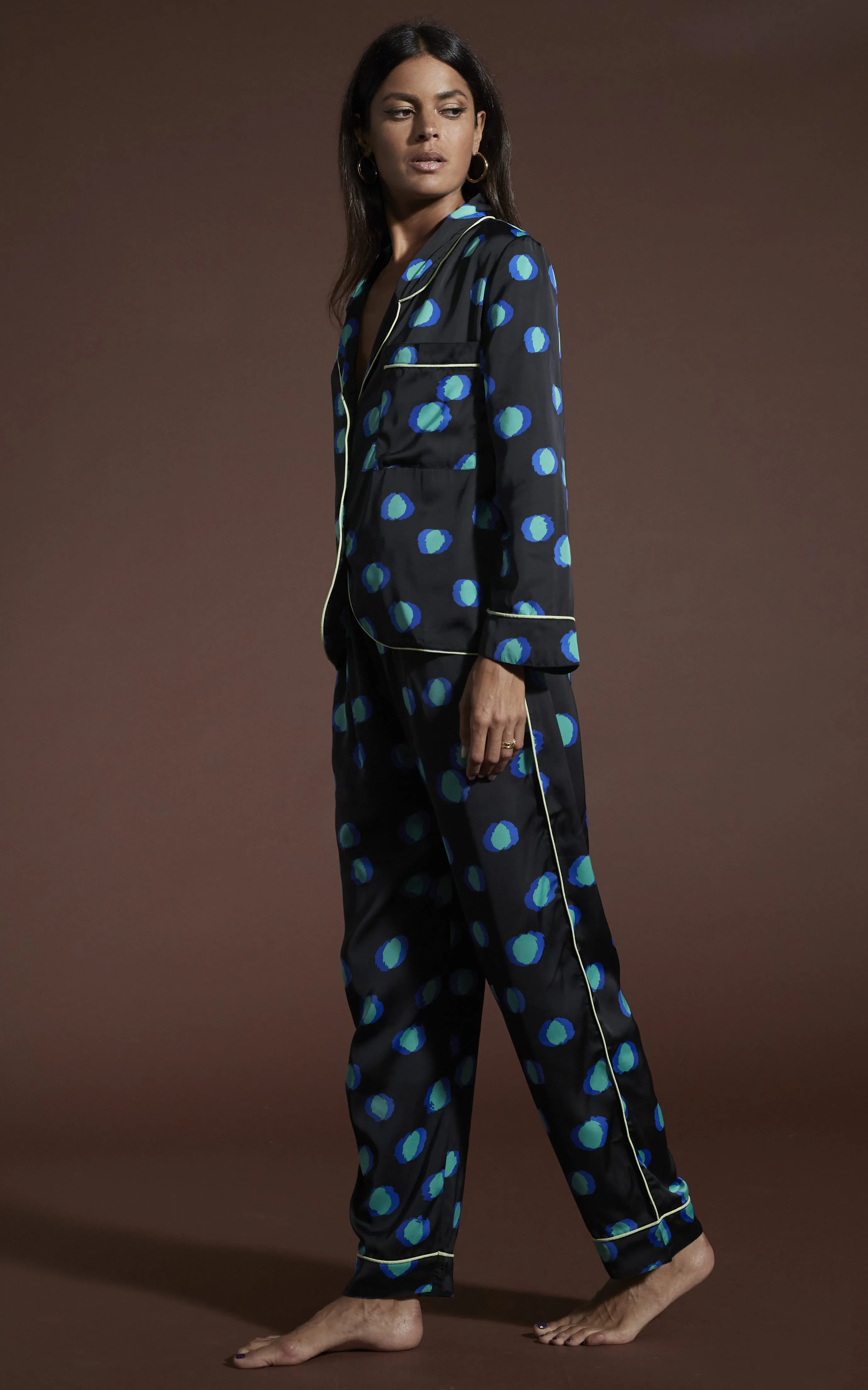 Cosmos Satin Long Leg PJ Set in Polka Dot Blue on Black