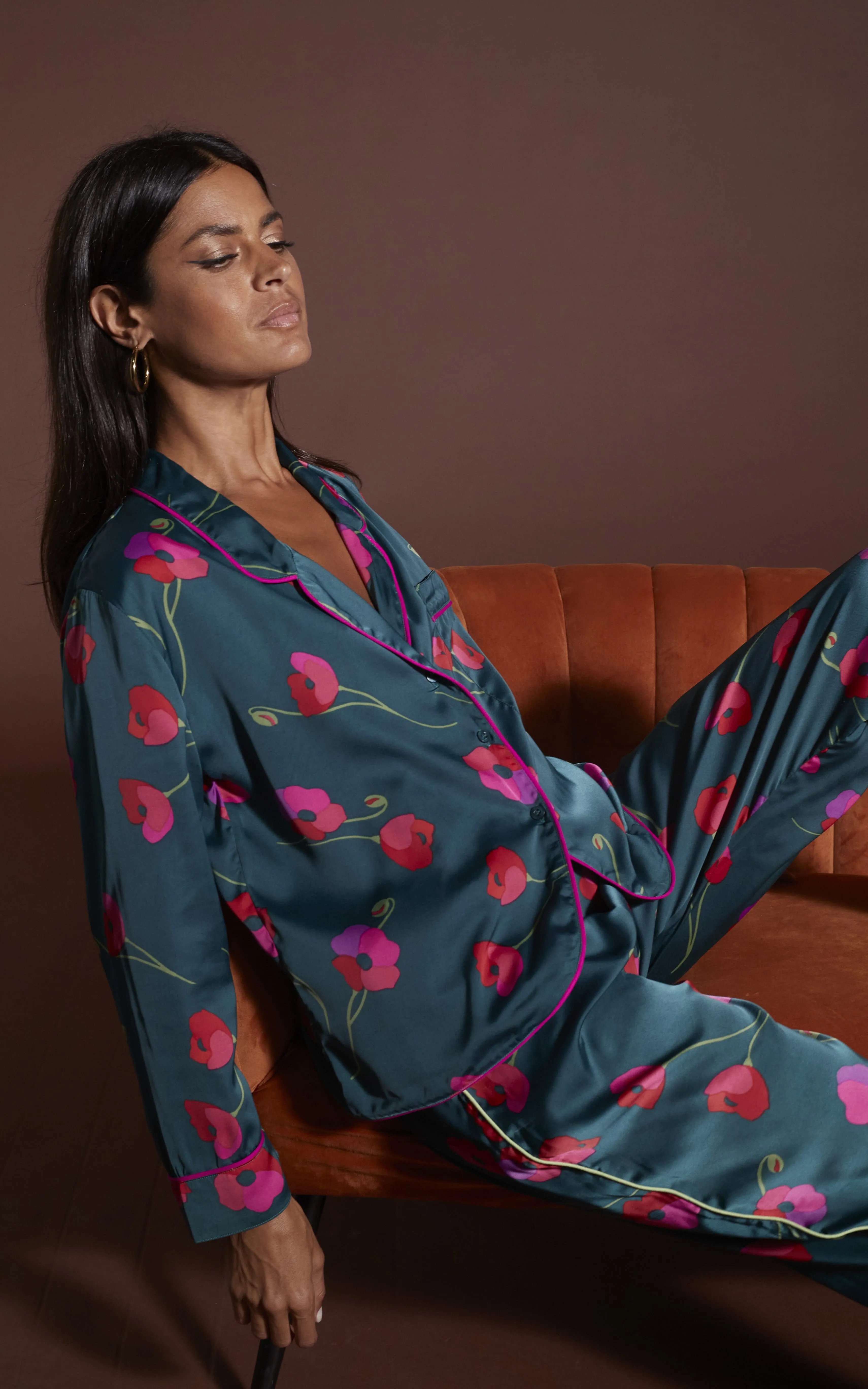 Cosmos Satin Long Leg PJ Set in Poppies on Dark Green