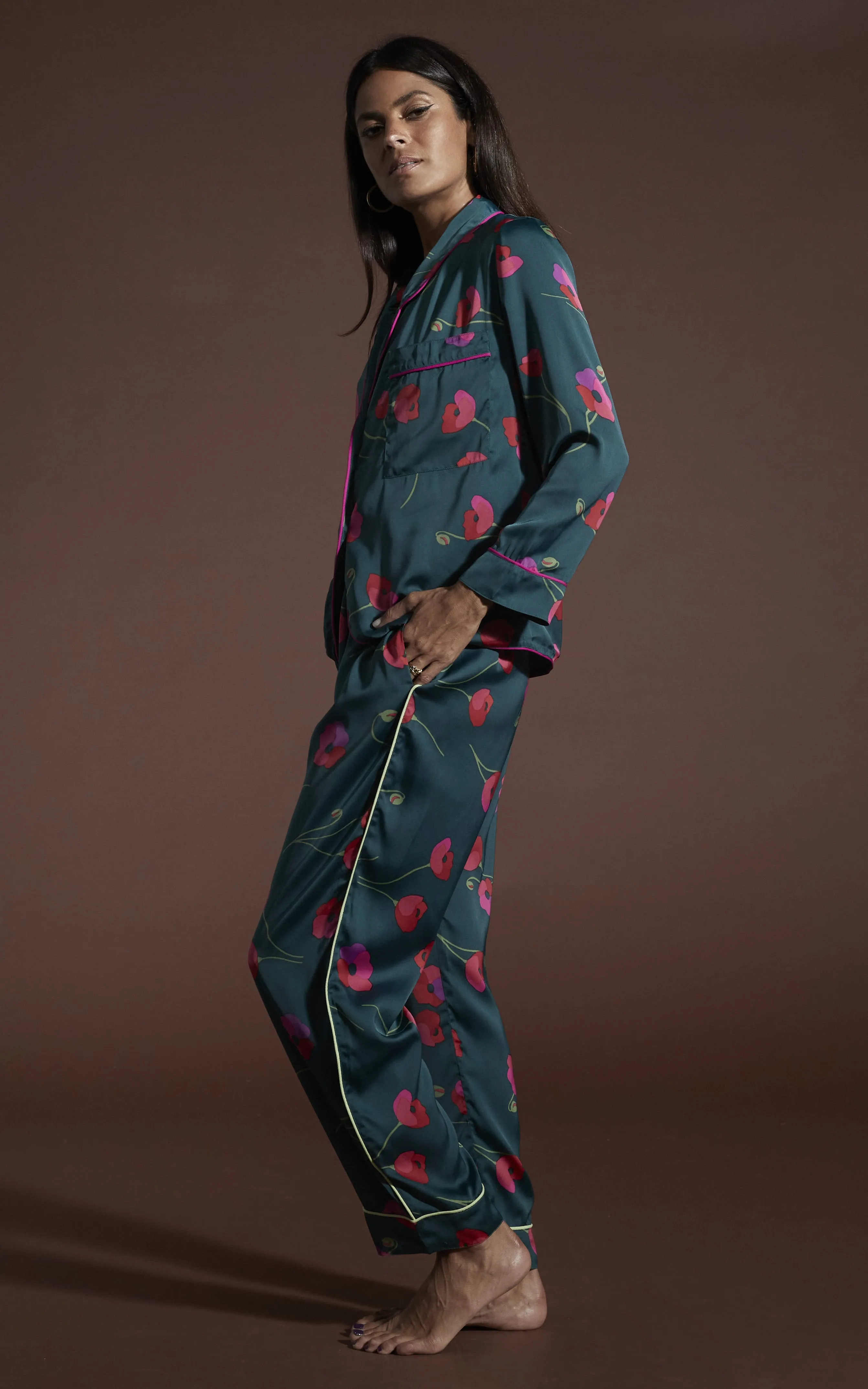 Cosmos Satin Long Leg PJ Set in Poppies on Dark Green