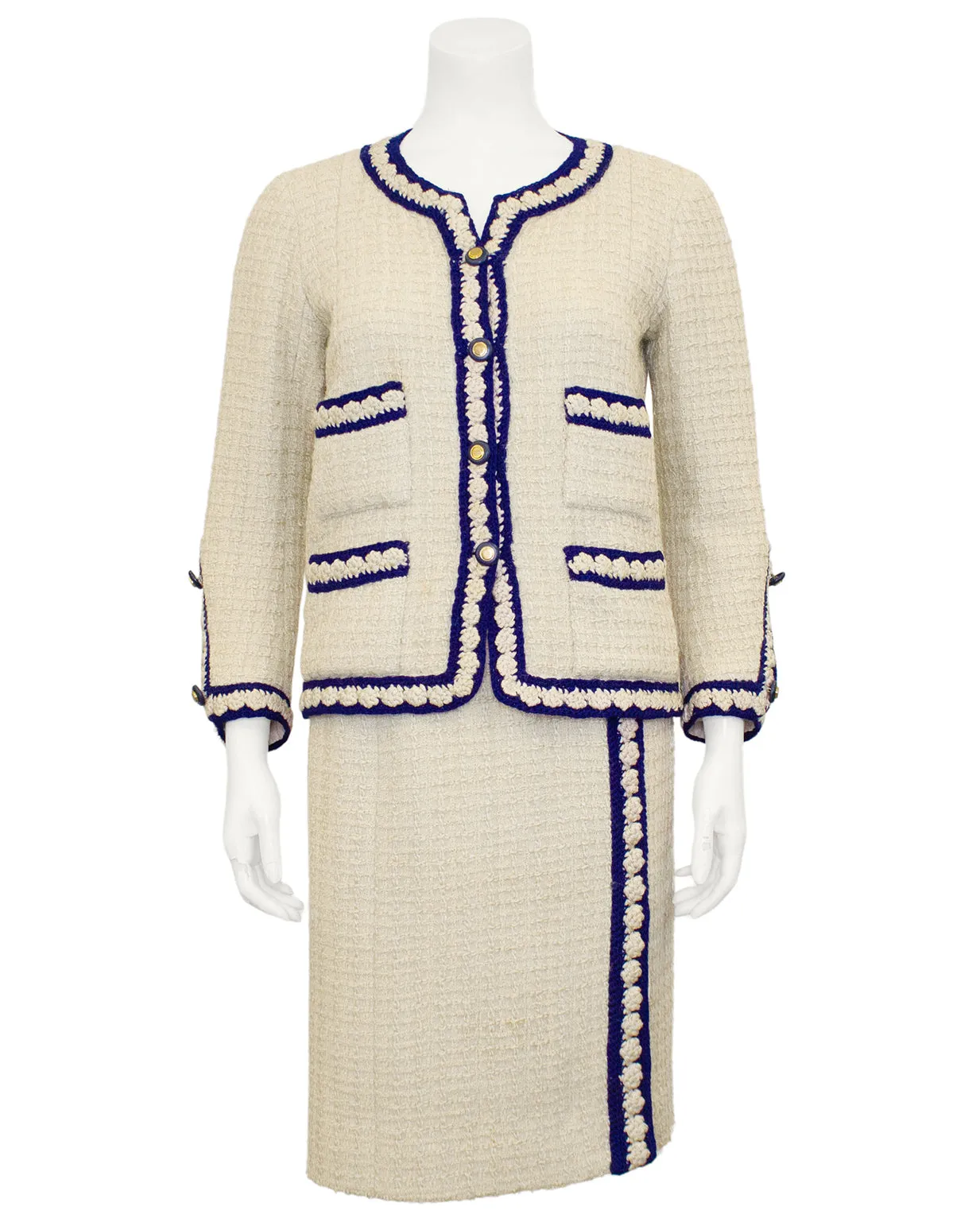 Cream and Navy Haute Couture Boucle Suit