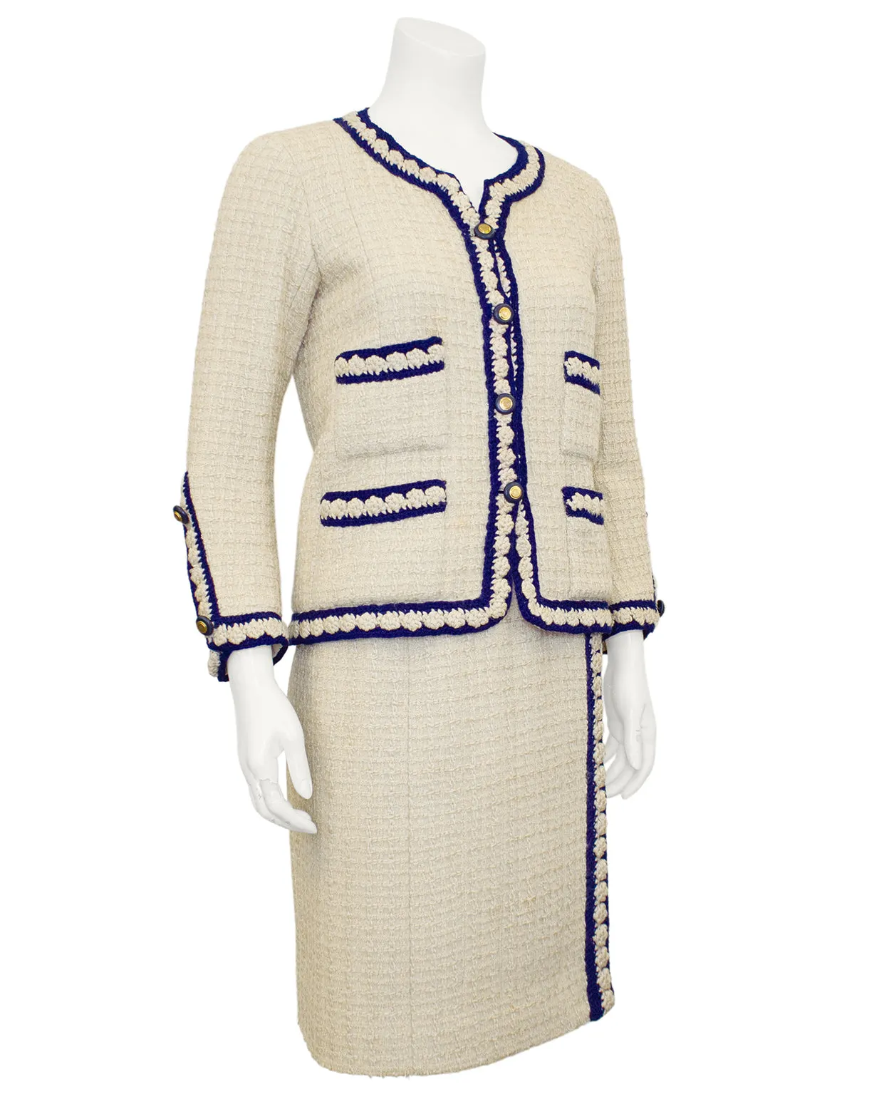 Cream and Navy Haute Couture Boucle Suit