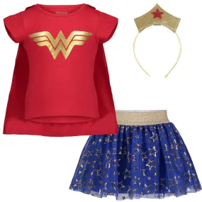 DC Comics Justice League Wonder Woman Costume T-Shirt Tulle Skirt Headband and Cape 4 Piece Set