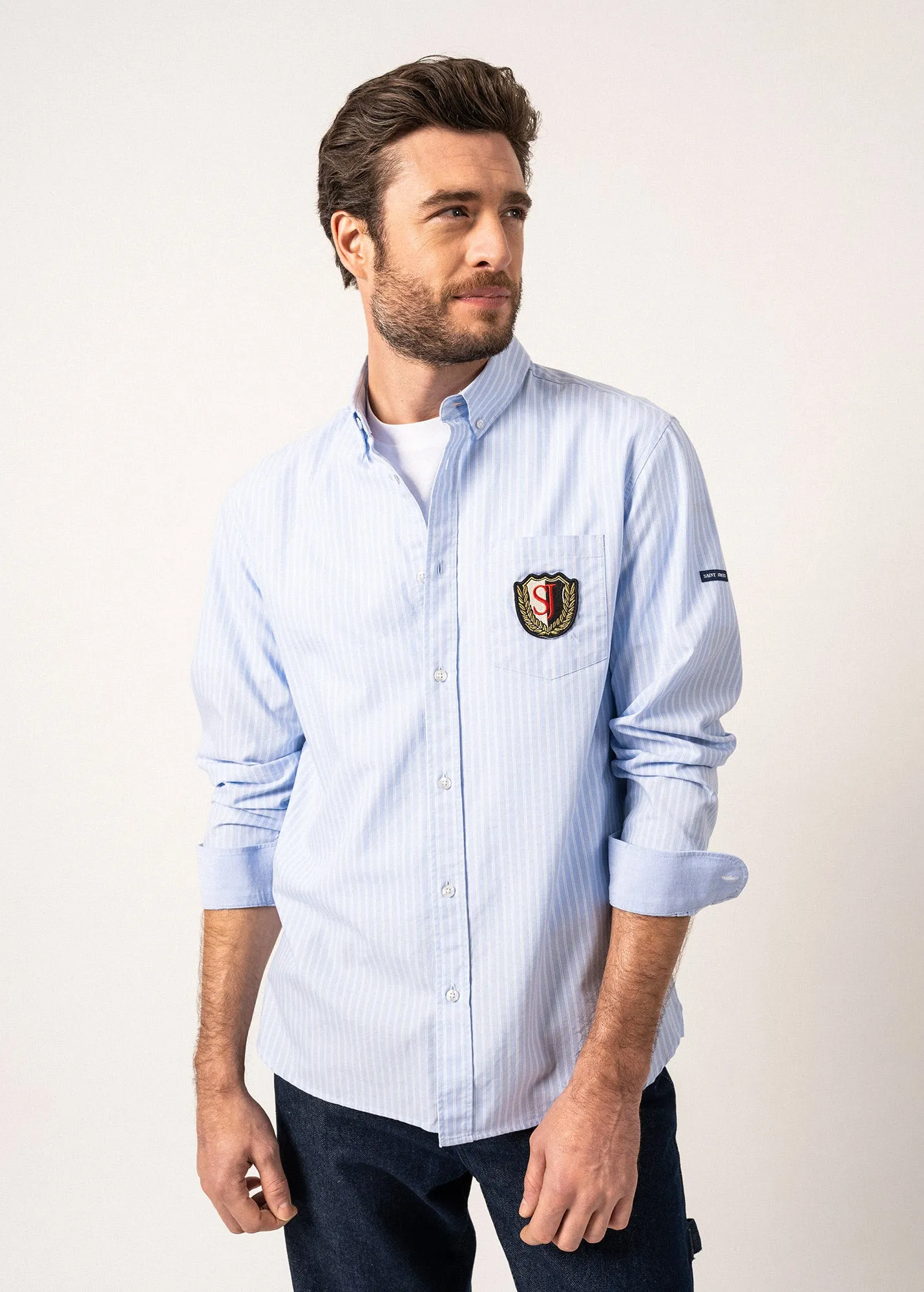 Finlay Striped Shirt - with embroidered chest badge (CIEL/BLANC)