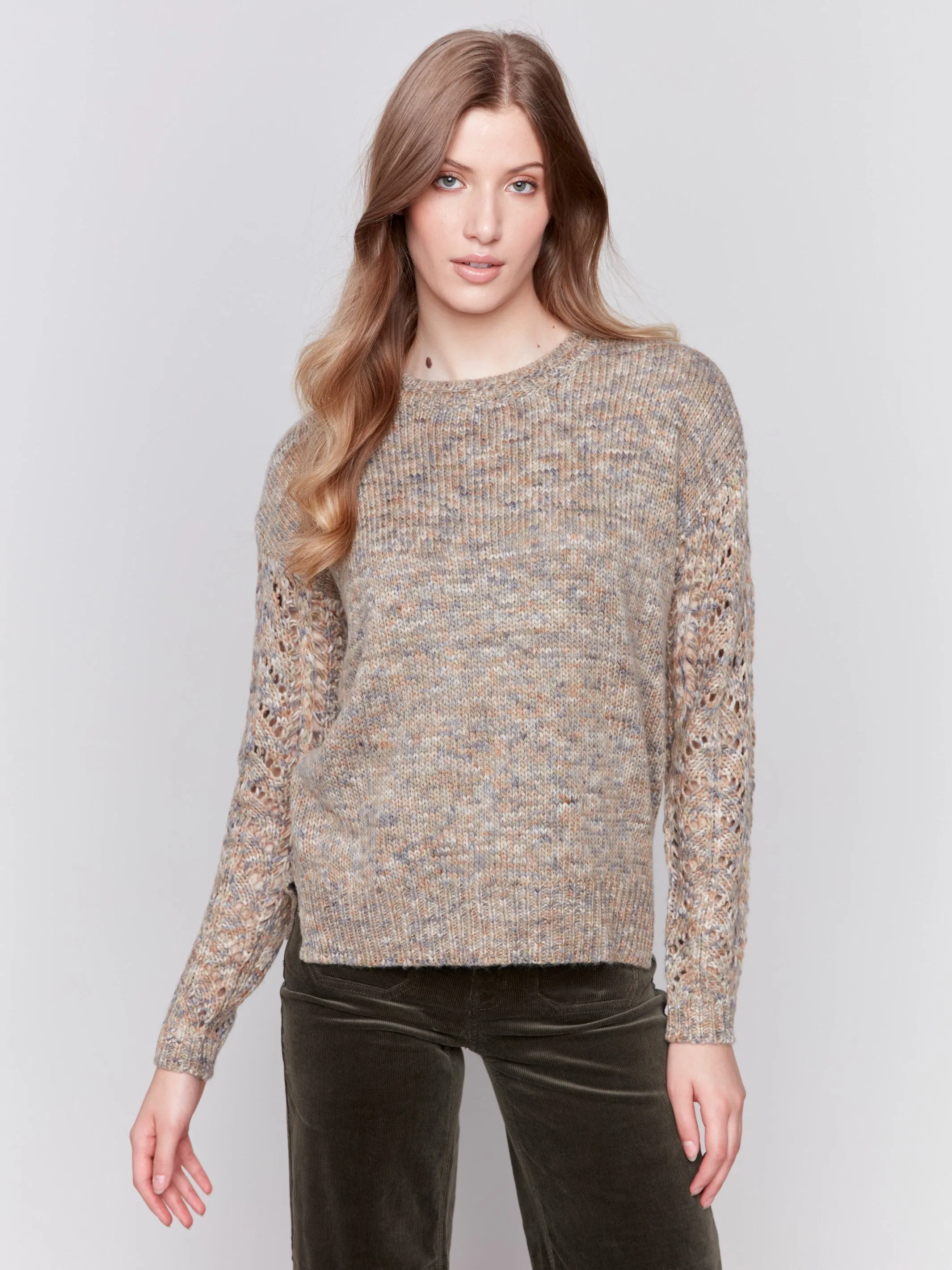 Fishnet Sleeve Crew Neck Sweater - Spruce