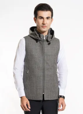 Glen Plaid Checks-Iron Grey, Wool Rich Worsted Tweed High Neck Sleeveless Hoodie