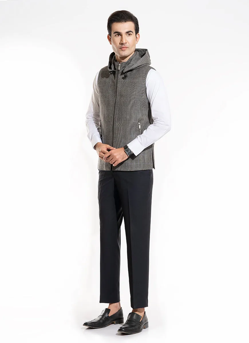 Glen Plaid Checks-Iron Grey, Wool Rich Worsted Tweed High Neck Sleeveless Hoodie