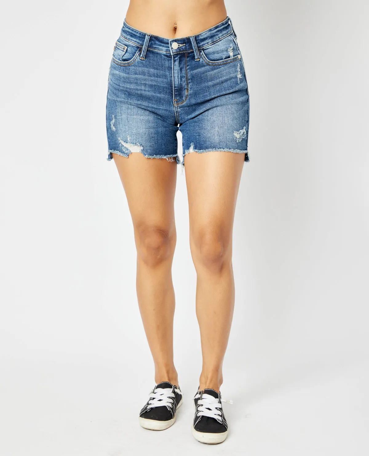 Judy Blue Mid Rise Hi-Lo Cut Hem & Destroy Shorts