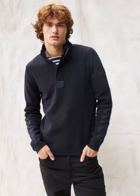 LOUP DE MER II - Quarter Zip Sweater with Forearm Canvas Trim For Men| 100% Wool (NAVY)