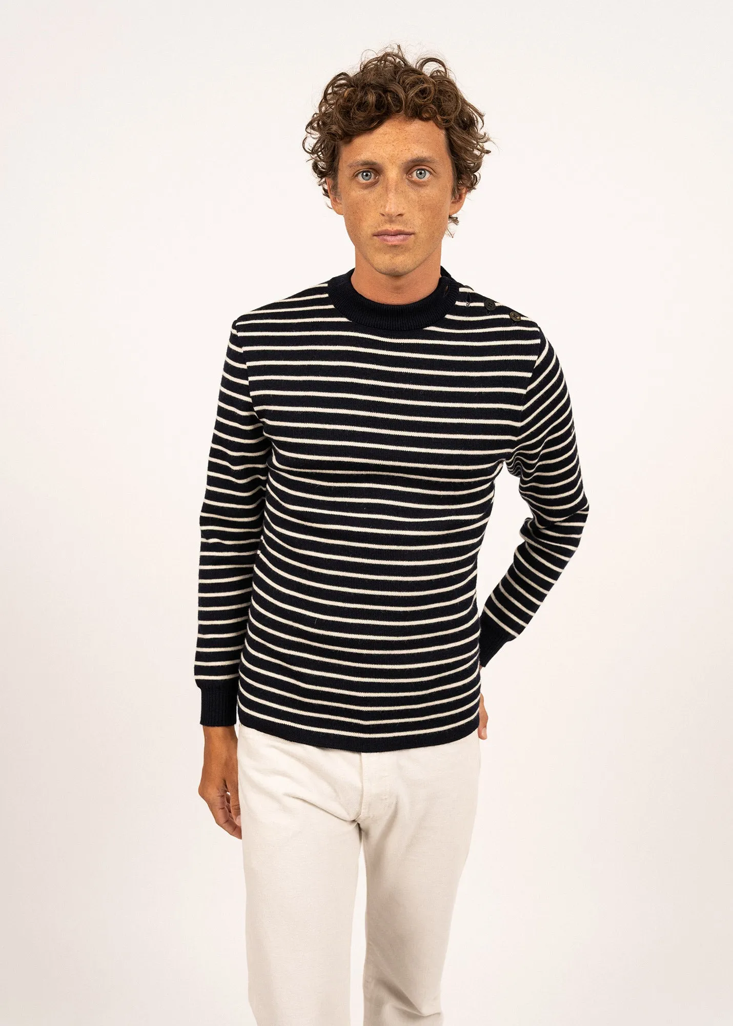 MATELOT - Authentic Striped Wool Fisherman Sweater with Button Shoulder |Slim Fit  (NAVY / ECRU)