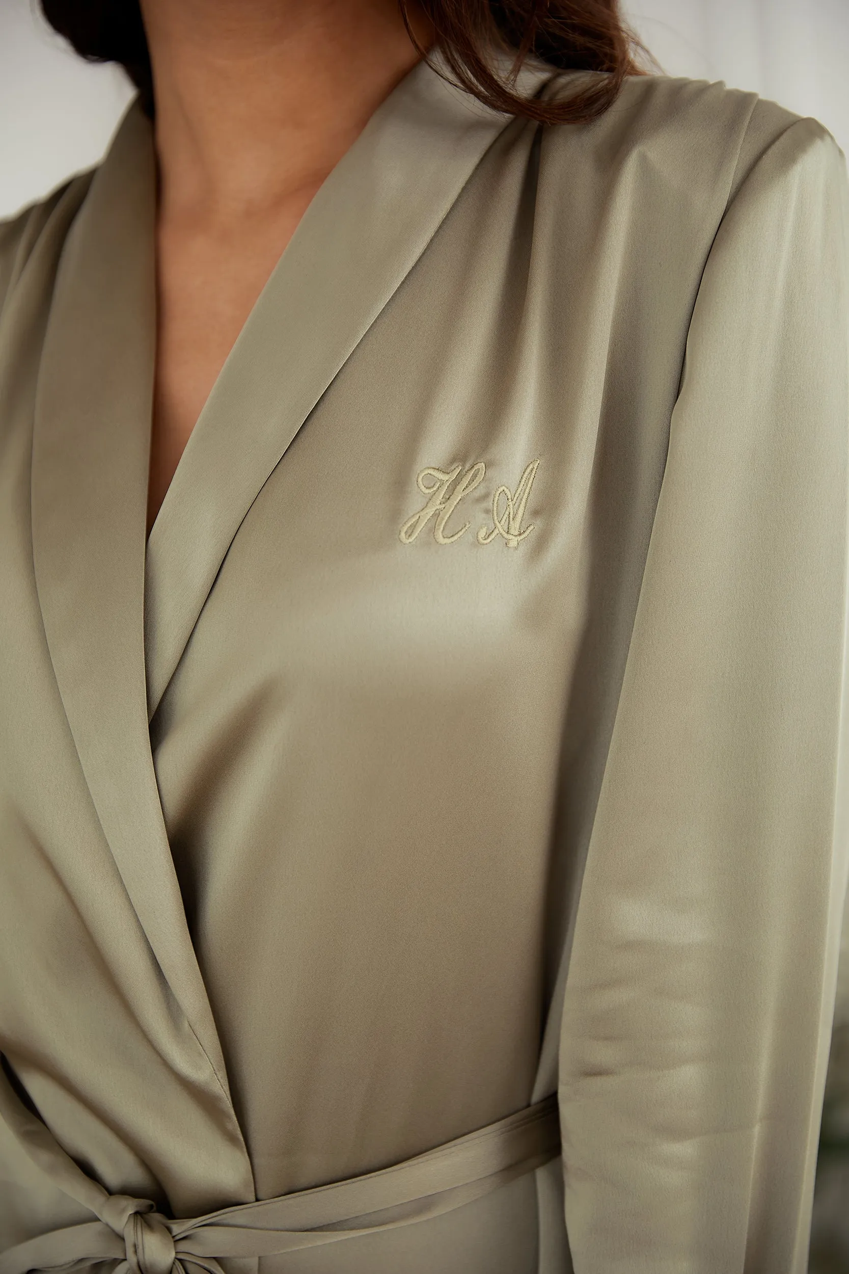 Personalised Bridal Luxury Satin Long Robe - Sage Green