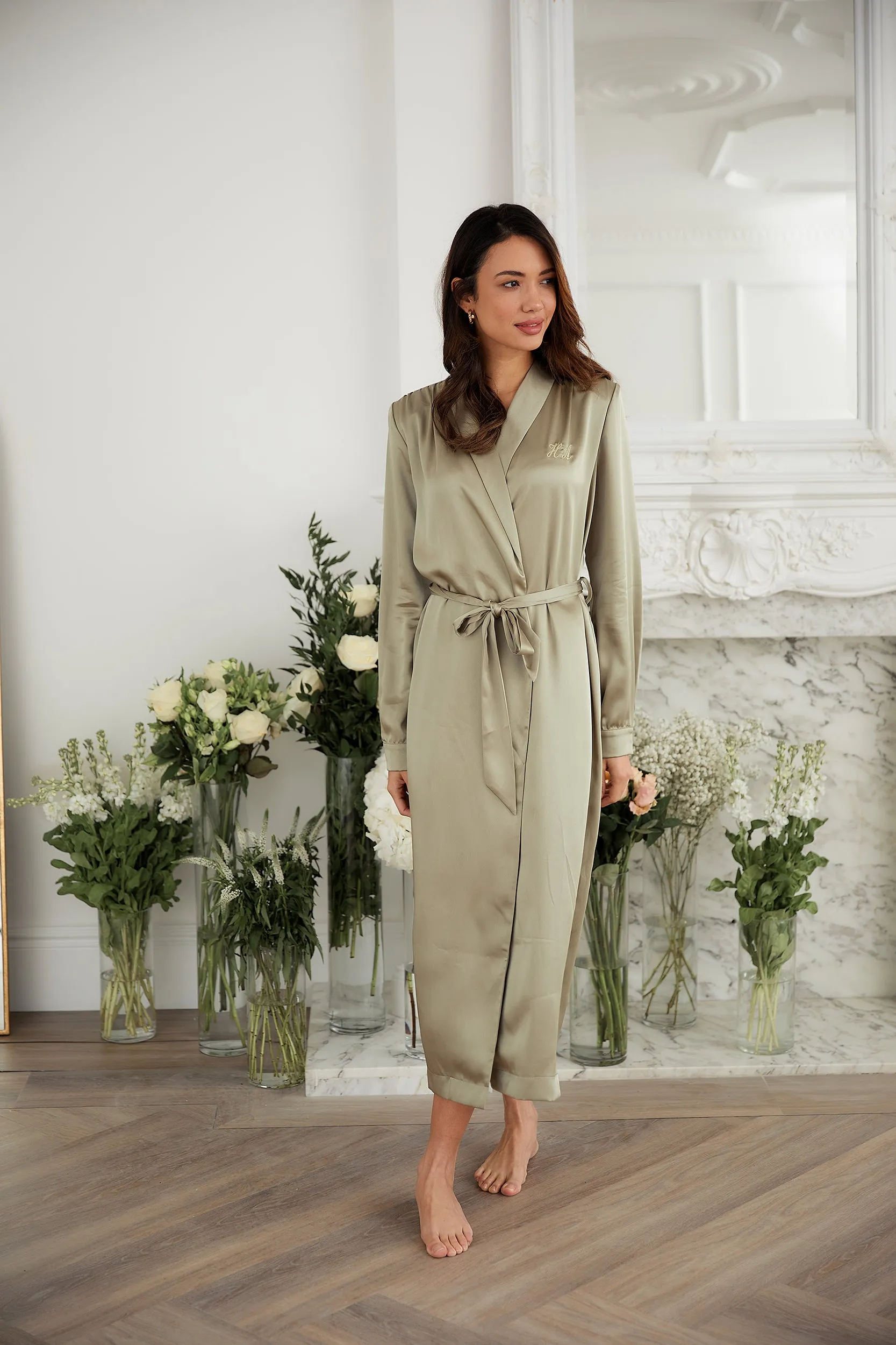 Personalised Bridal Luxury Satin Long Robe - Sage Green