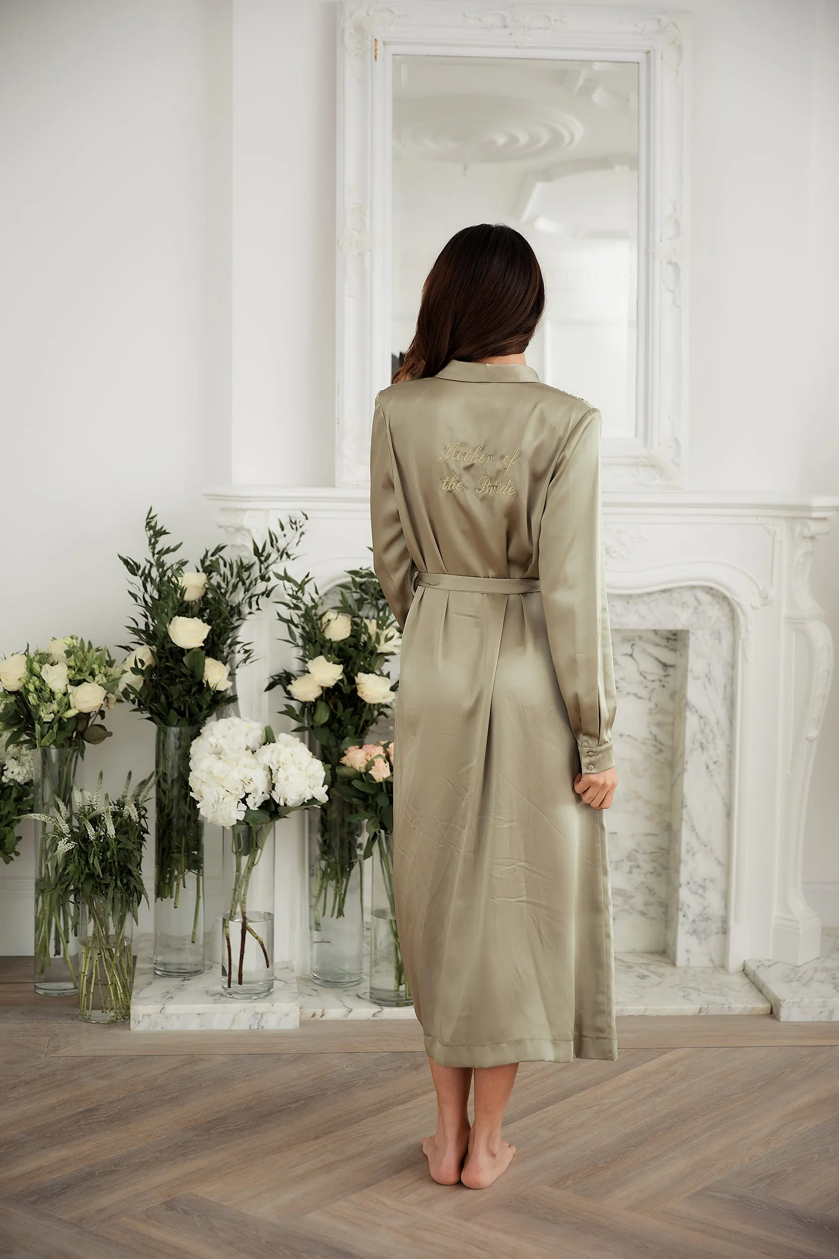 Personalised Bridal Luxury Satin Long Robe - Sage Green