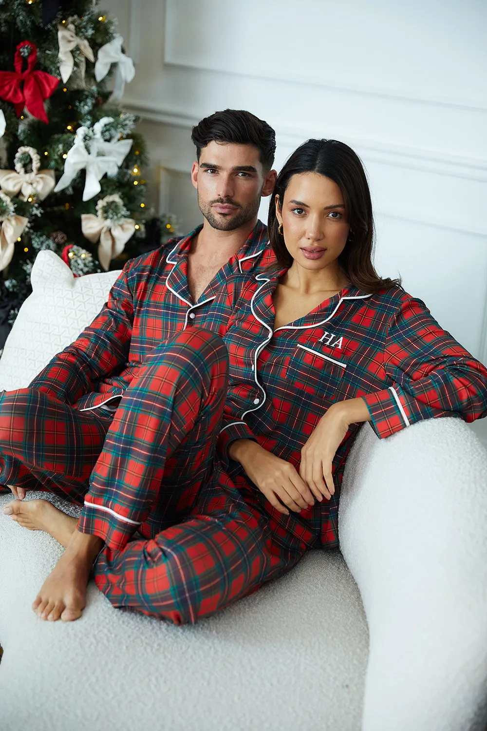 Personalised Christmas Mens Button Down Pyjama set - Tartan