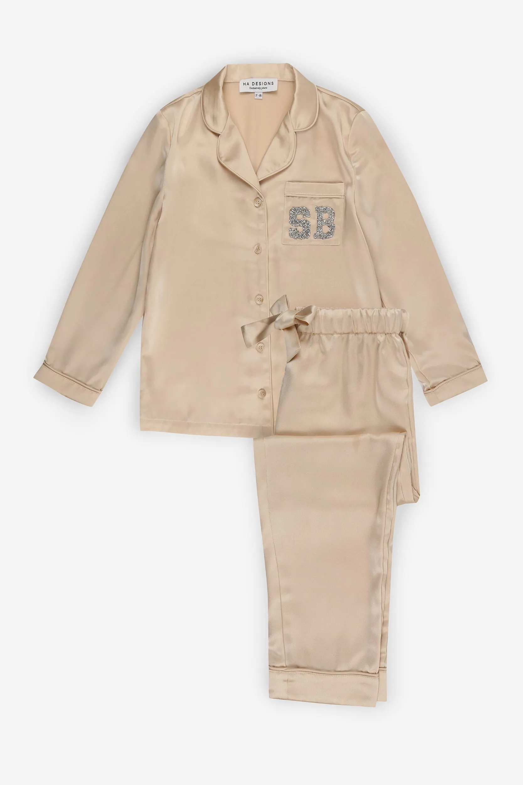 Personalised Girls Luxury Satin Long Sleeve Pyjama Set With Initial Letter Embellishment - Nude