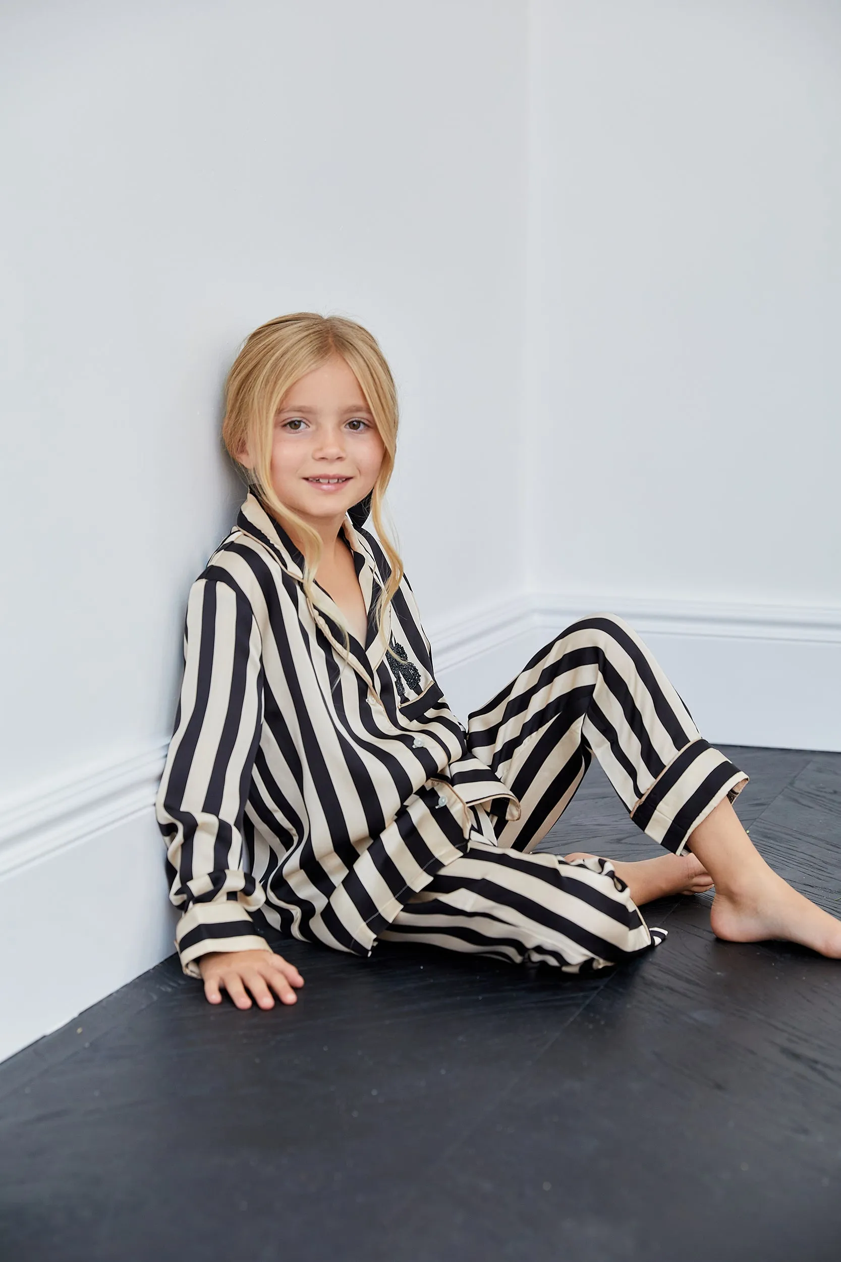 Personalised Girls Satin Stripe Pyjama Set with Black Initial Letter Embellishment - Monochrome Black/Cream