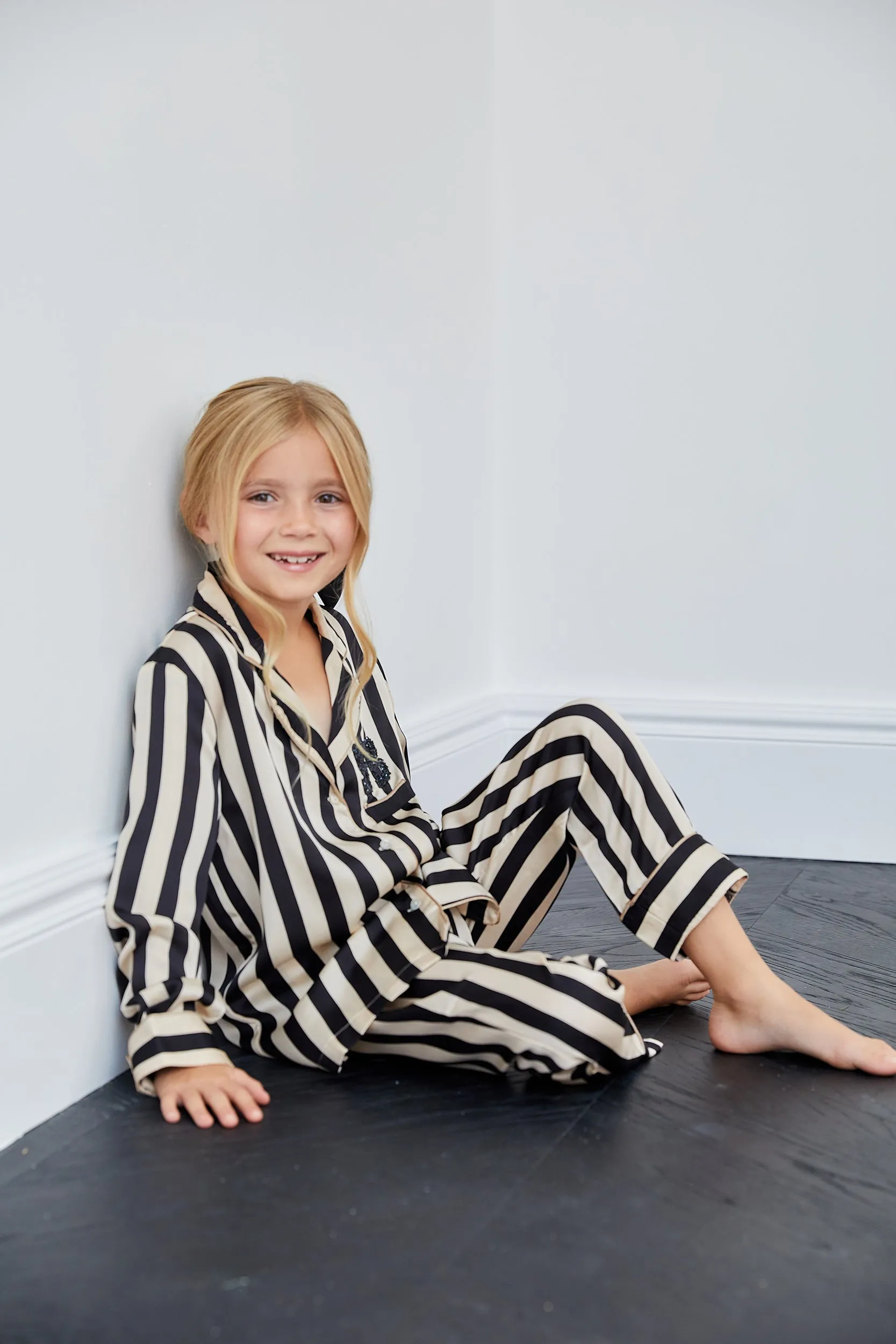 Personalised Girls Satin Stripe Pyjama Set with Black Initial Letter Embellishment - Monochrome Black/Cream