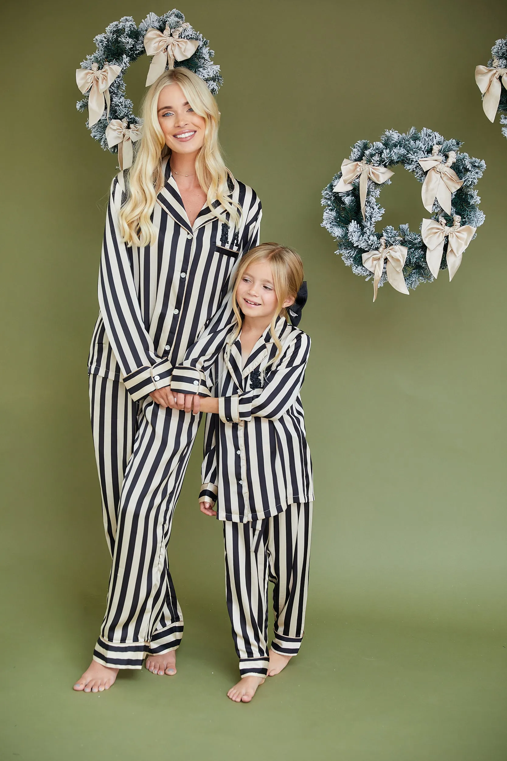 Personalised Girls Satin Stripe Pyjama Set with Black Initial Letter Embellishment - Monochrome Black/Cream