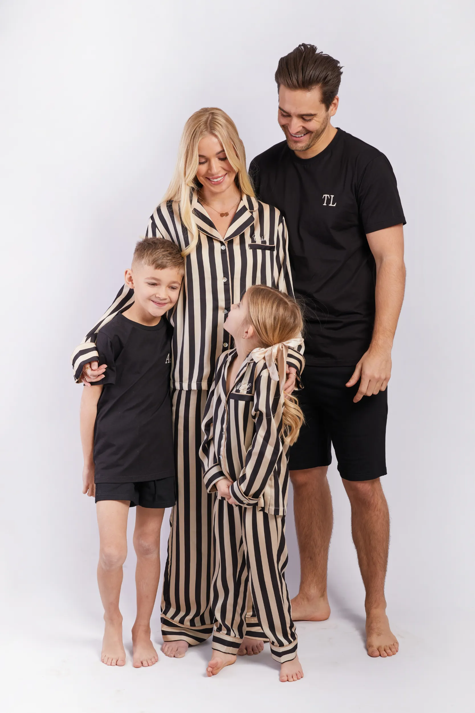 Personalised Girls Satin Stripe Pyjama Set with Black Initial Letter Embellishment - Monochrome Black/Cream