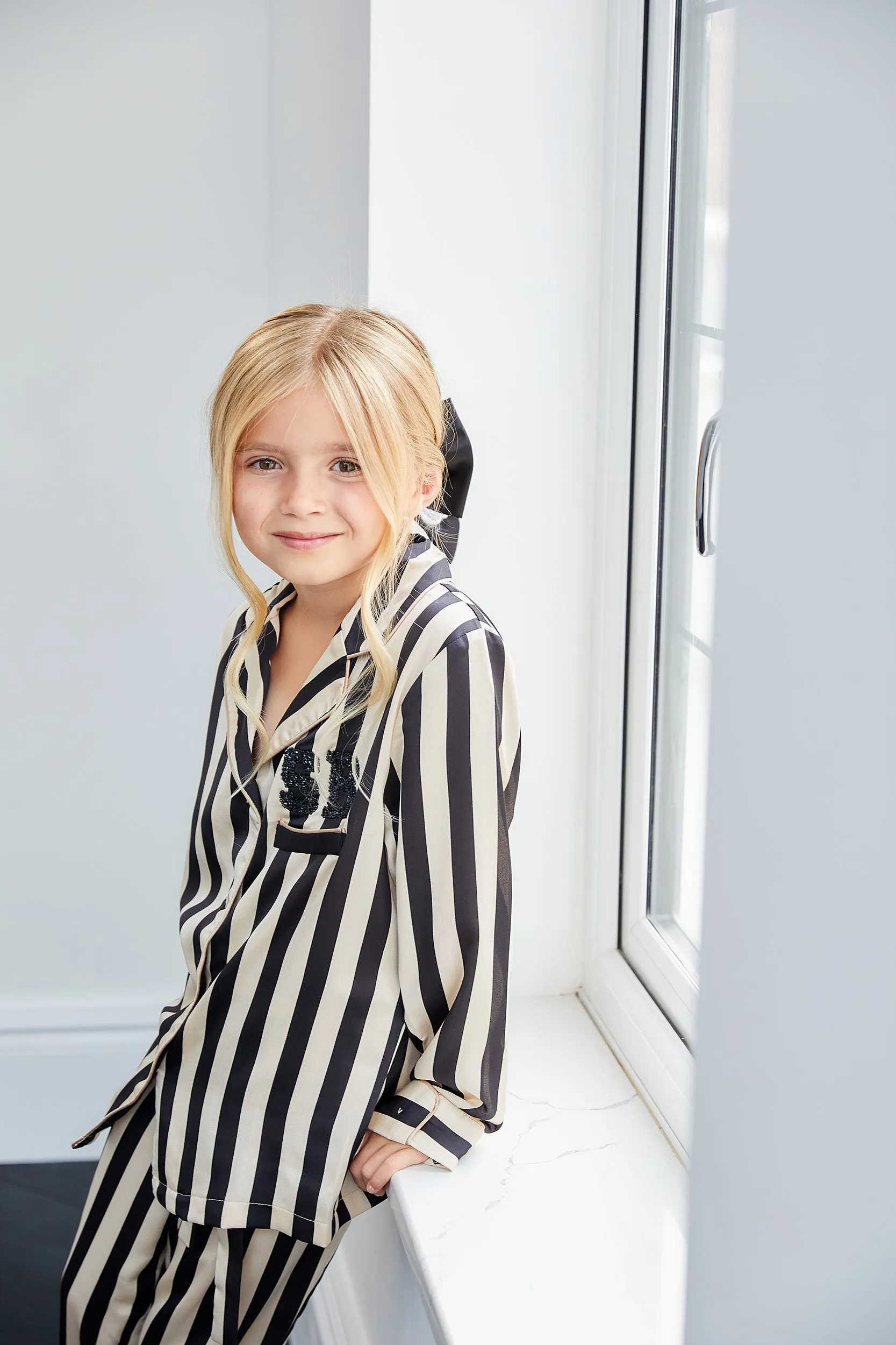 Personalised Girls Satin Stripe Pyjama Set with Black Initial Letter Embellishment - Monochrome Black/Cream