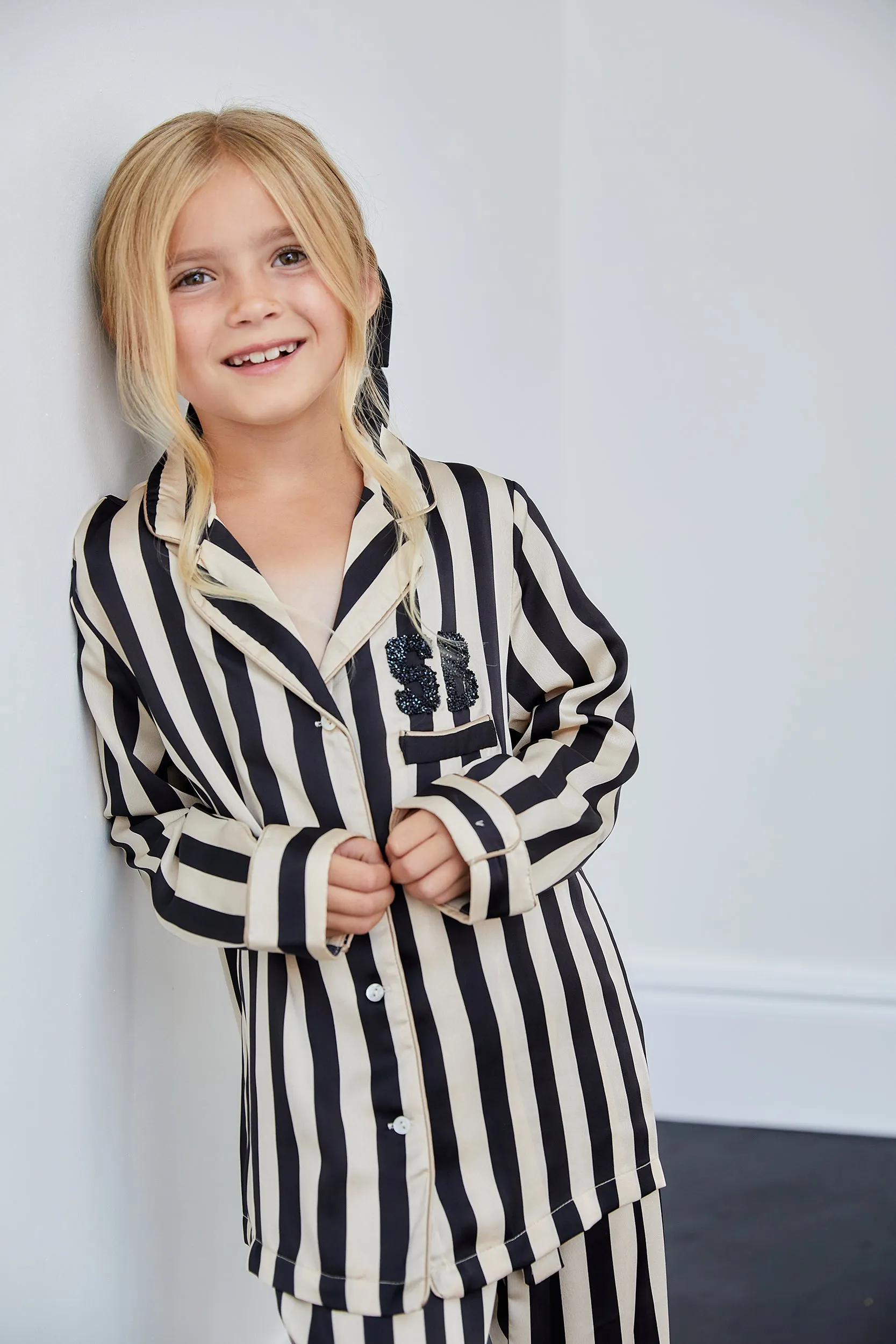 Personalised Girls Satin Stripe Pyjama Set with Black Initial Letter Embellishment - Monochrome Black/Cream