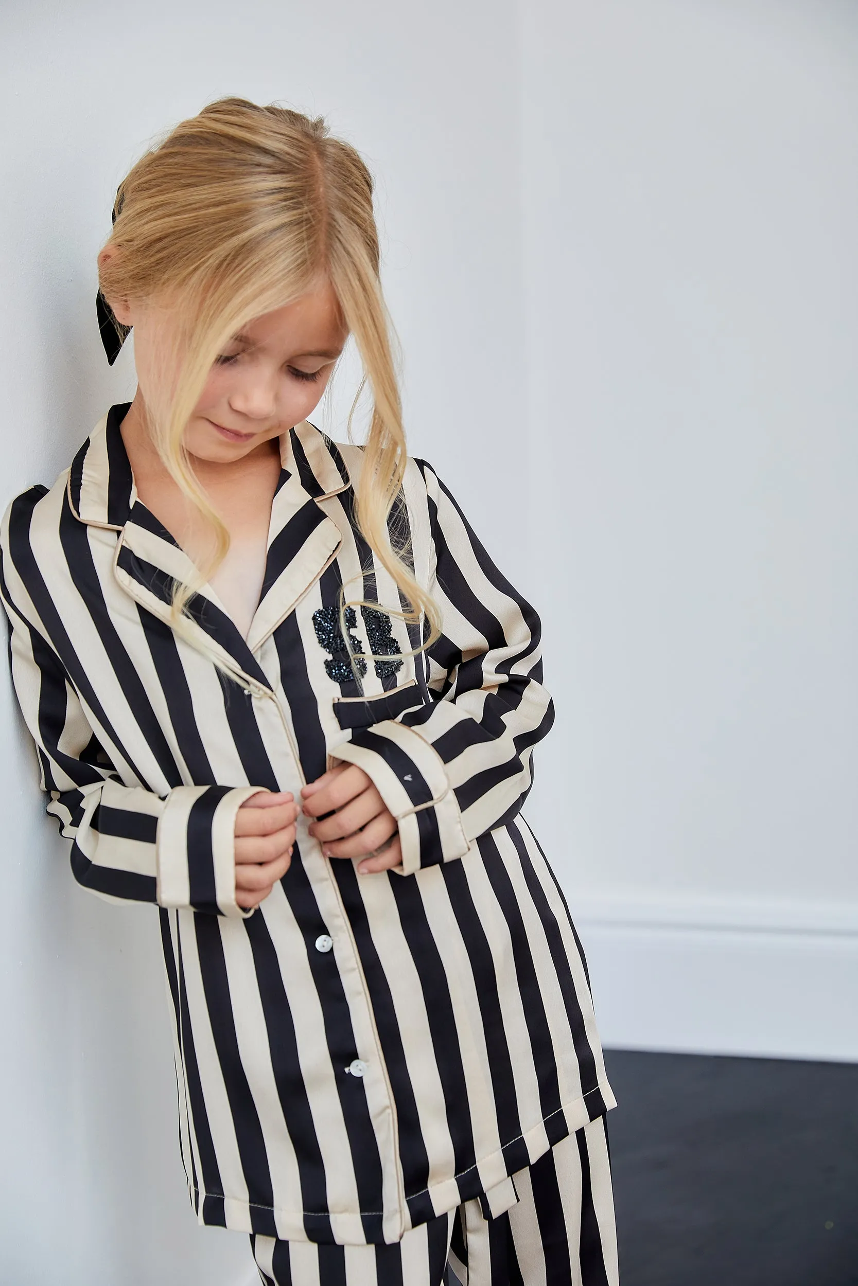 Personalised Girls Satin Stripe Pyjama Set with Black Initial Letter Embellishment - Monochrome Black/Cream