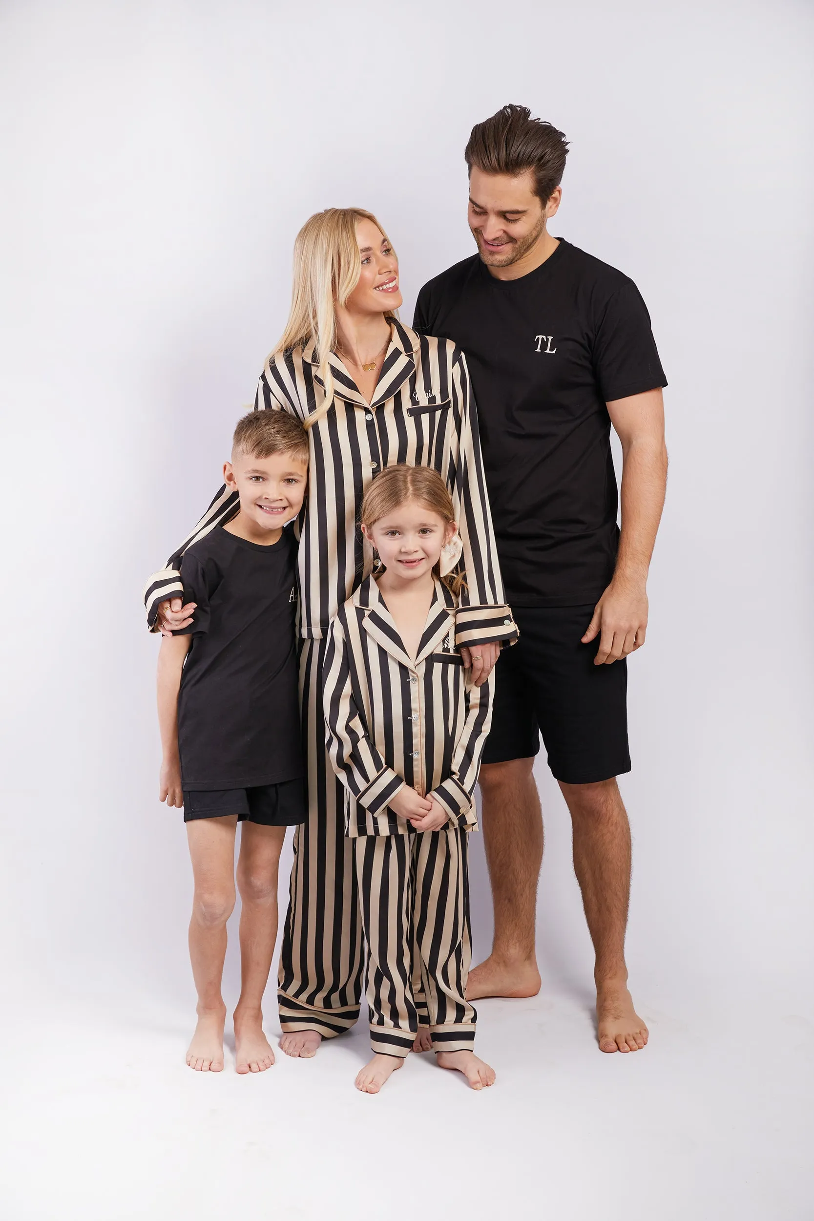 Personalised Luxury Satin Stripe Long Sleeve Pyjama Set - Monochrome Black/Cream