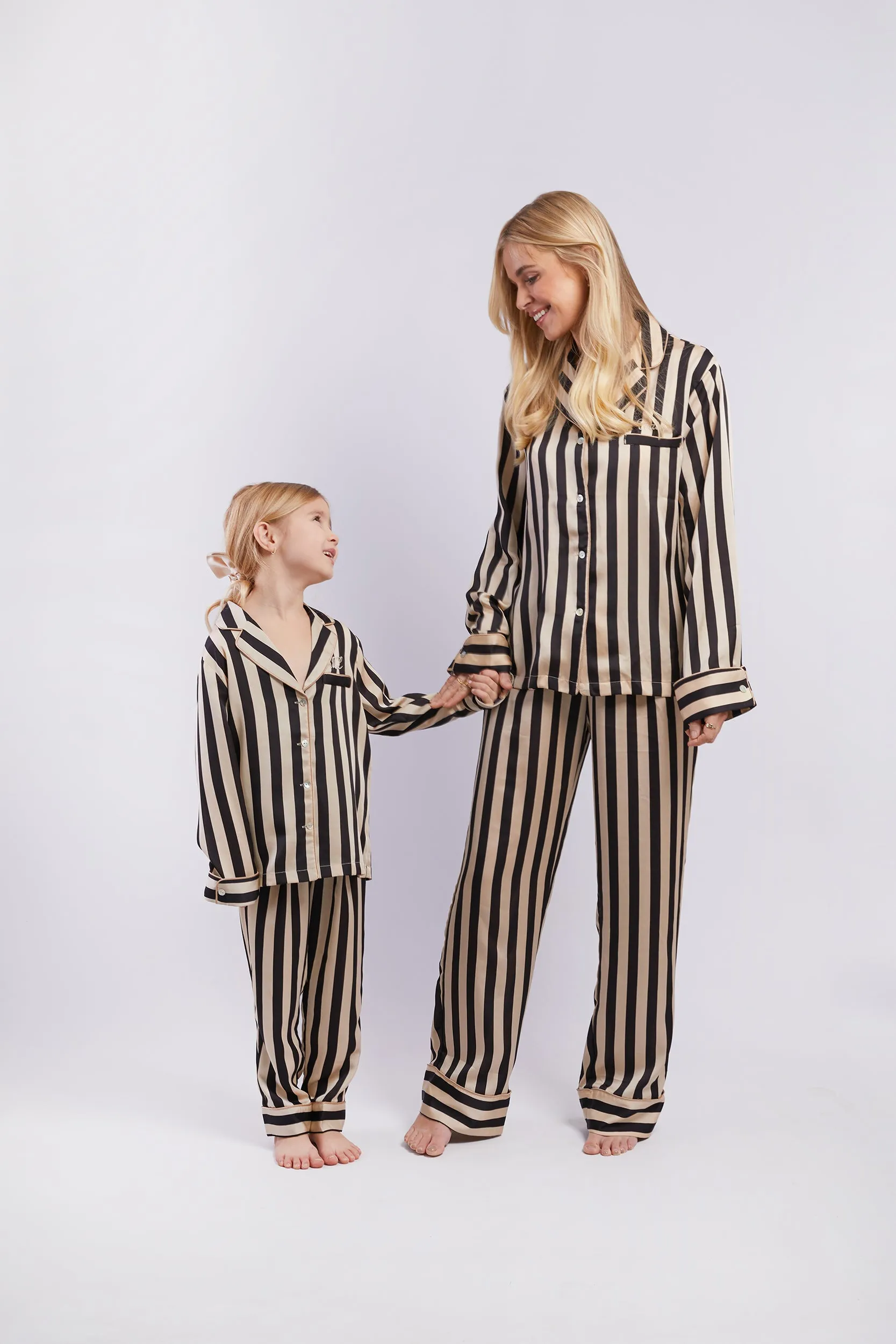 Personalised Luxury Satin Stripe Long Sleeve Pyjama Set - Monochrome Black/Cream