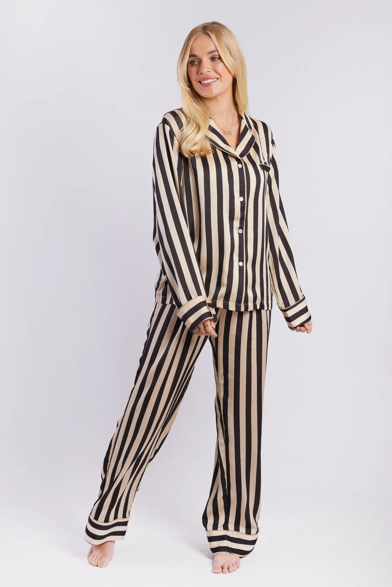 Personalised Luxury Satin Stripe Long Sleeve Pyjama Set - Monochrome Black/Cream