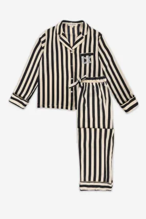 Personalised Luxury Satin Stripe Long Sleeve Pyjama Set with Silver Initial Letter Embellishment - Monochrome Black/Cream