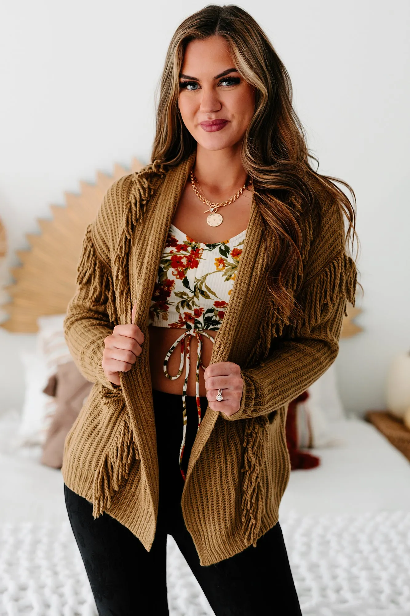 "Pretty Little Fringe" Fringe Knit Cardigan (Walnut)