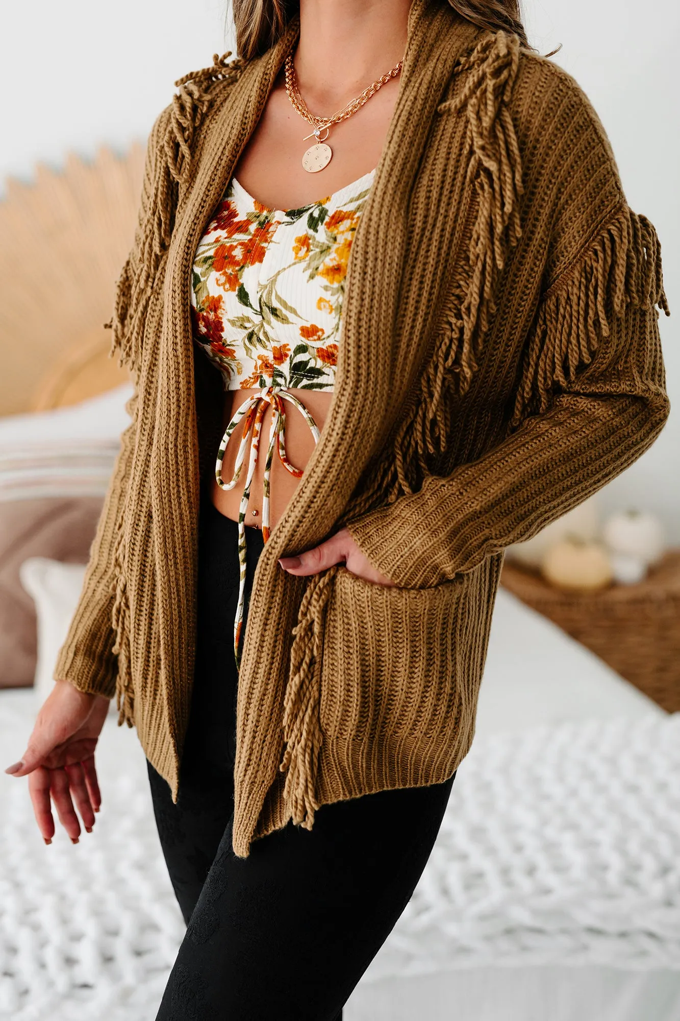 "Pretty Little Fringe" Fringe Knit Cardigan (Walnut)