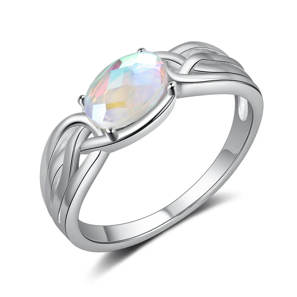 Sterling Silver Oval Rainbow Moonstone Rings