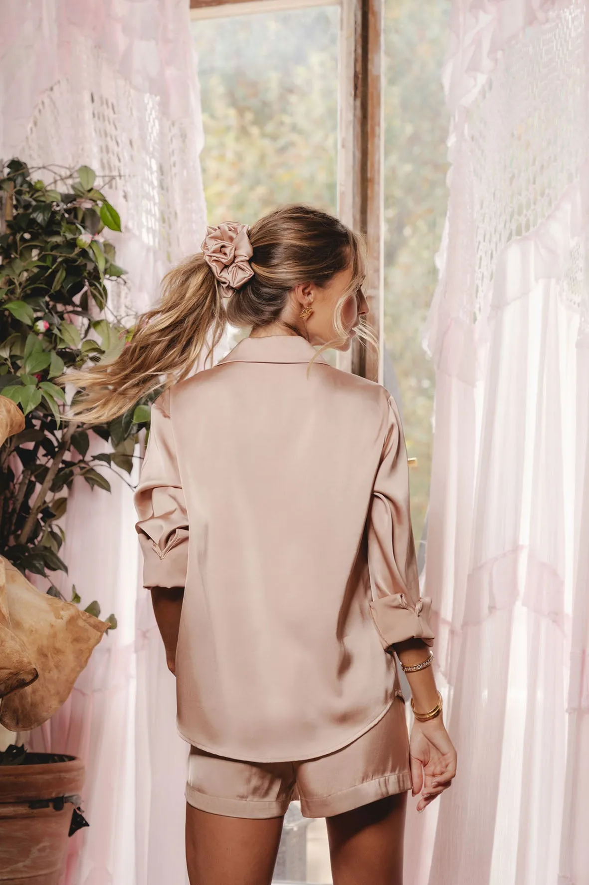 Sunday by GG X HA Luxury Satin Long Sleeve Top & Short Pyjama Set - French Taupe