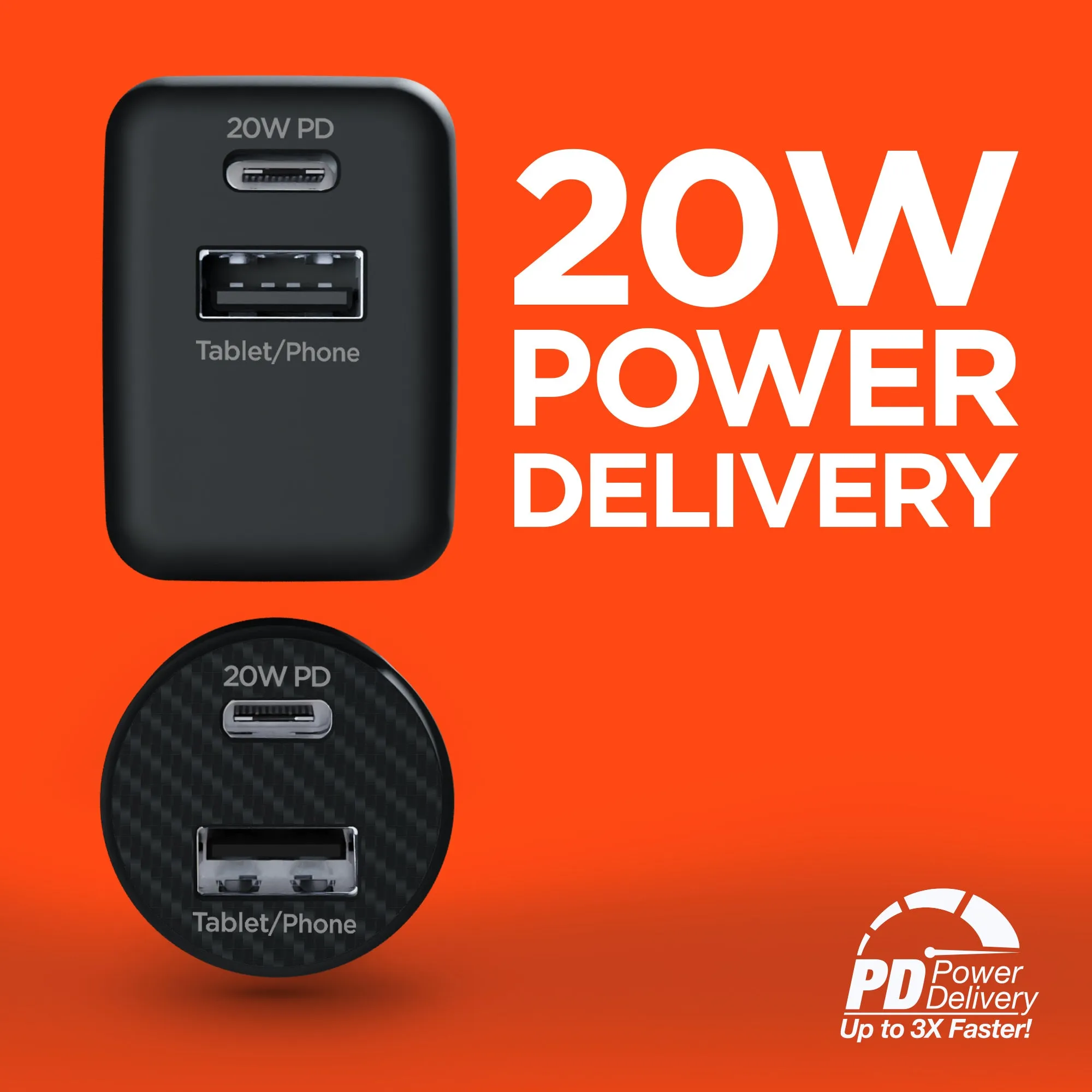 USB-C Power Delivery Bundle | 20W USB-C PD   12W USB Fast Wall Charger and Fast Car Charger | Black